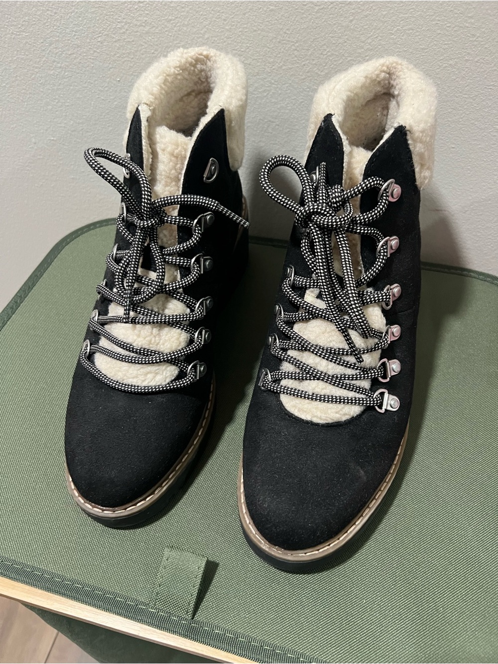 White Mountain Black Lace-Up Faux Shearling Ankle Boots